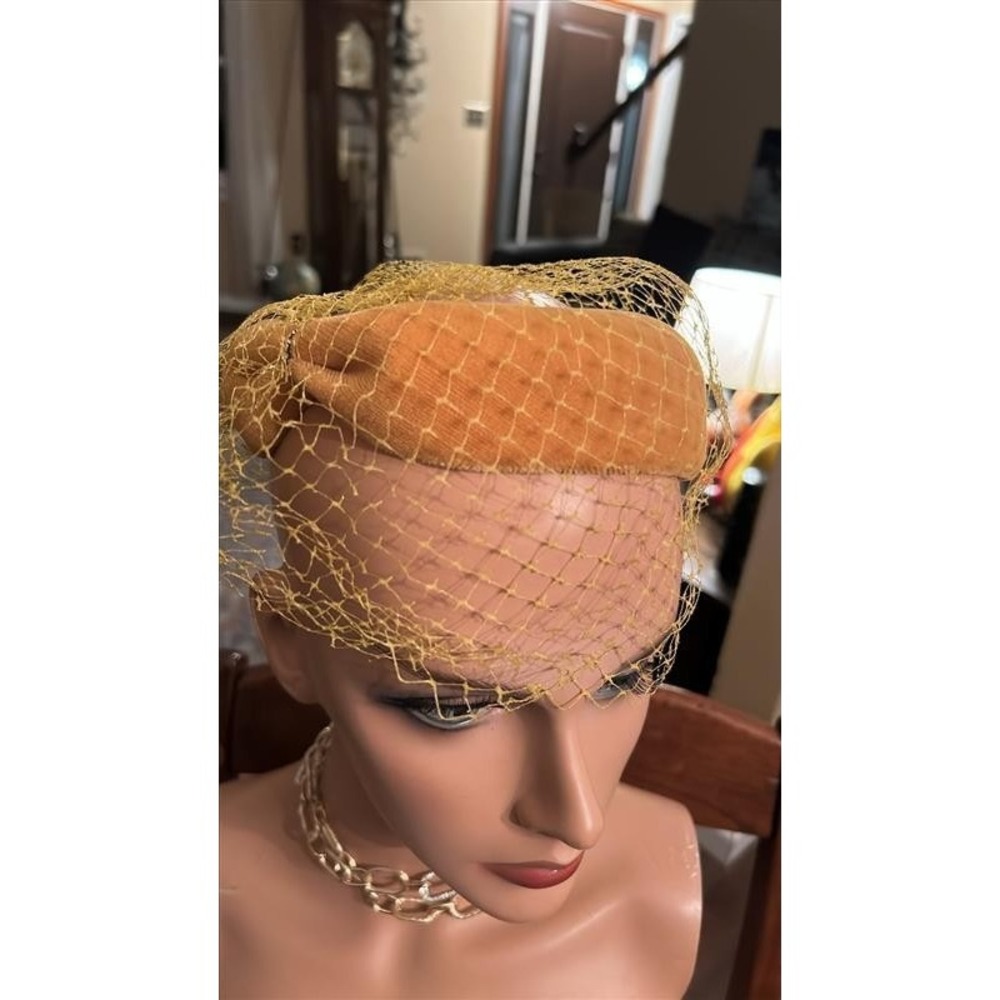 Gold Vintage Art Deco Velour Headband Hat with Veil 1950s Union Made Turban